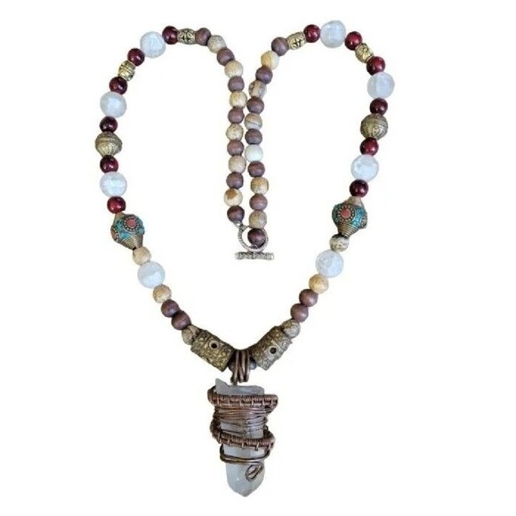 Huge Quartz Crystal Copper Wire Wrap Jasper Coral Turquoise Inlay Bead Necklace - Picture 1 of 6
